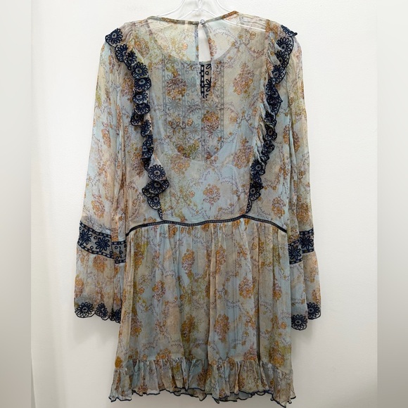 Free People Country Roads Mini Dress Lightweight Embroidered Ruffle Blue Size XS - Picture 4 of 11